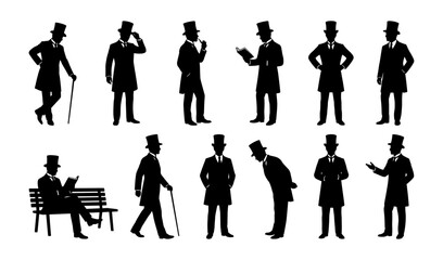 Victorian gentleman silhouette set with top hat and cane