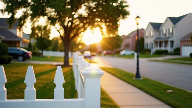 Sunset shines on homes in a quiet neighborhood with green lawns and a street lamp by the road