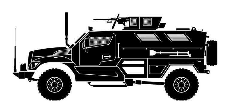 Military armored vehicle silhouette with machine gun