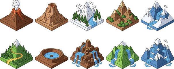 Isometric mountain landscape collection with volcano waterfall river forest terrain icons, nature geography 3D vector illustration set isolated design pack © Md