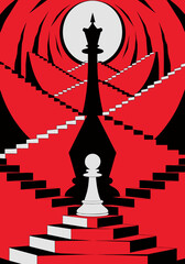 Symbolic business illustration showing pawn's potential through royal shadow on dark red background