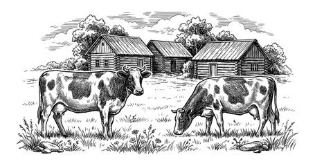 Cows in village farm landscape in vintage engraving style