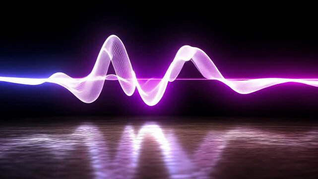 Sound Wave Resonance: An evocative display of sound waves in motion, rendered in vibrant hues of purple and blue, shimmering against a reflective surface.