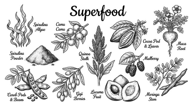 Superfood collection set in vintage engraving style