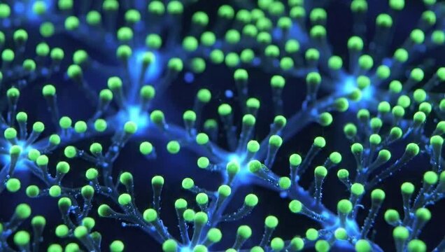 Macro shot of glowing green coral polyps with blue bioluminescence, showcasing intricate branching structures in a dark underwater environment.