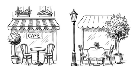 Street cafe terrace in vintage engraving style