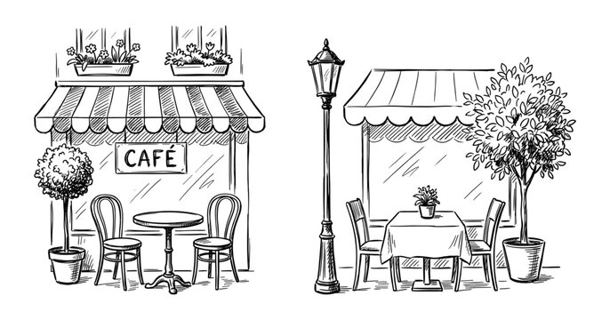 Street cafe terrace in vintage engraving style