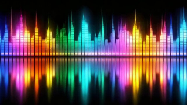 Colorful audio equalizer bars reflecting on a dark mirror surface
