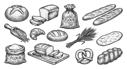 Bread and bakery collection in vintage engraving style