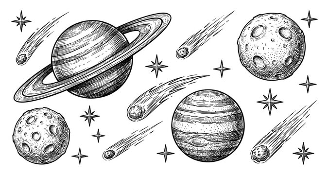 Space solar system planets and comets set in vintage engraving style