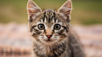 Obraz premium Close-up of a curious tabby kitten on a soft blanket outdoors