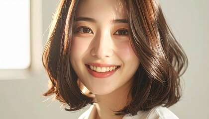 明るい笑顔のミディアムボブ日本人女性｜艶髪が美しい美容室・ヘアサロン向けイメージ