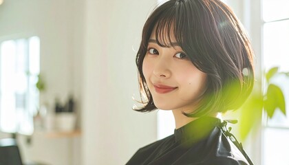 明るい笑顔のミディアムボブ日本人女性｜艶髪が美しい美容室・ヘアサロン向けイメージ