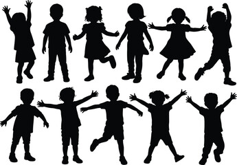 Obraz premium Black Silhouette Collection of Happy Children Jumping and Diverse People Standing with Various Tree Types for Nature Community flavector Adobe StockBlack Silhouette Collection of Happy Children 