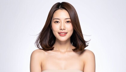 明るい笑顔のミディアムボブ日本人女性｜艶髪が美しい美容室・ヘアサロン向けイメージ