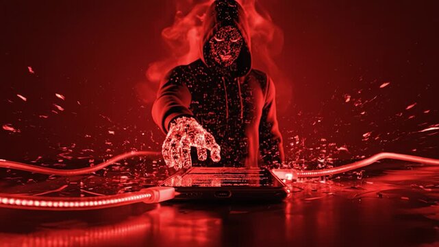 Masked hacker hoodie typing illuminated laptop with red cyber energy and data particles swirling, dramatic lighting and futuristic threat expression. red smartphone table with shattered screen