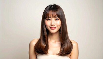 明るい笑顔のミディアムボブ日本人女性｜艶髪が美しい美容室・ヘアサロン向けイメージ