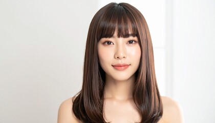 明るい笑顔のミディアムボブ日本人女性｜艶髪が美しい美容室・ヘアサロン向けイメージ