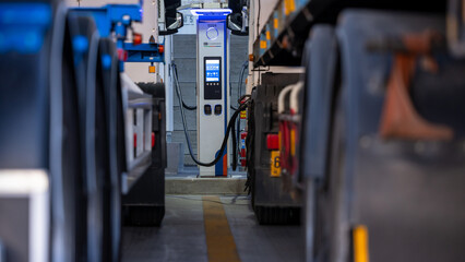 EV charging and semi truck electric vehicle, Electric vehicle semi truck trailer charging station for charge EV battery, Plug for vehicle electric engine, EV charger semi truck trailer station.