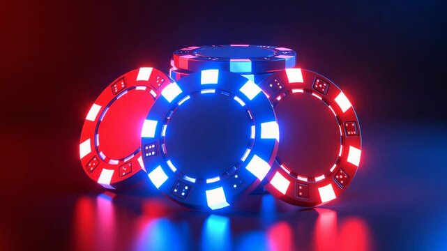 Casino poker chips with bright neon red and blue glowing lights on a dark reflective surface