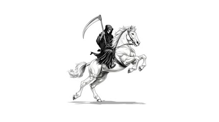 Symbolic illust n of the Grim Reaper personifying death riding a powerful rearing white horse brandishing a scythe against a stark white background  Monochrome art style