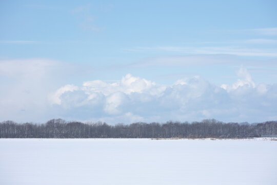 荒天を予感させる発達した雪雲が遠方に広がる冬の農地