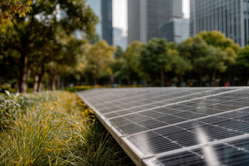 Fototapeta premium Solar Energy Panels in a Green Urban Park with Modern Skyscrapers in the