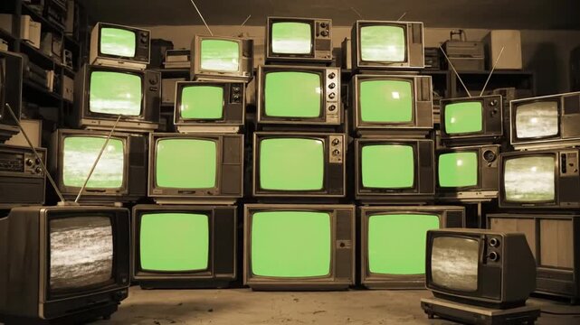 Old televisions stacked in a room show static on screens with a nostalgic look at past technology