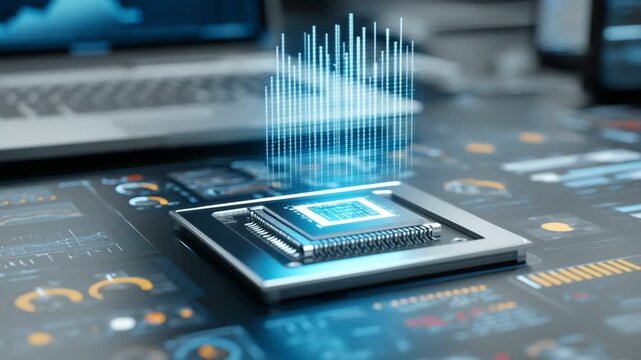 A close-up view of a microprocessor surrounded by digital graphs and data symbols, illustrating the intricate relationship between hardware performance and data analysis in technol