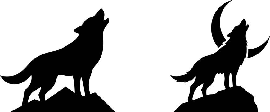 Dramatic black silhouettes of two wolves howling at the moon, evoking freedom and wild emotion