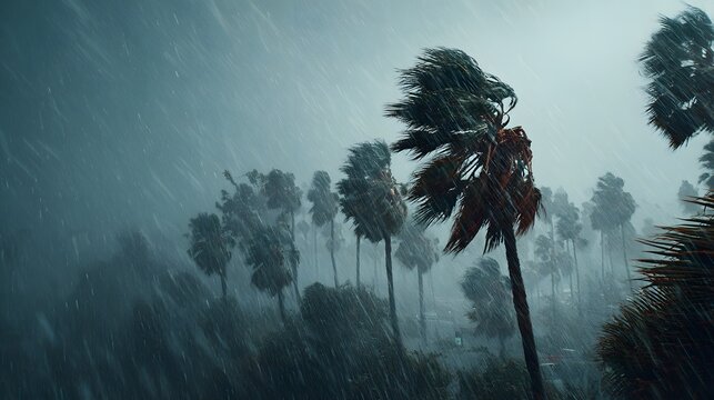 Hurricane weather in a tropical location shows multiple palm trees thrashing in the wind under a heavy downpour and dark cinematic clouds.