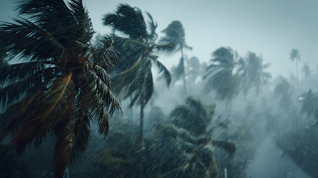 Hurricane weather in a tropical location shows multiple palm trees thrashing in the wind under a heavy downpour and dark cinematic clouds.