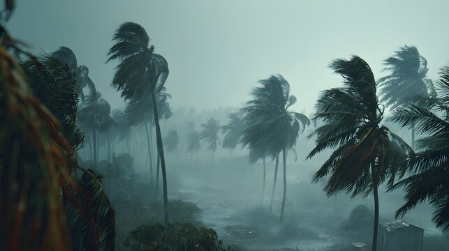 Hurricane weather in a tropical location shows multiple palm trees thrashing in the wind under a heavy downpour and dark cinematic clouds.