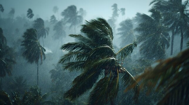 Hurricane weather in a tropical location shows multiple palm trees thrashing in the wind under a heavy downpour and dark cinematic clouds.