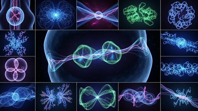 A futuristic video showcasing various neon-lit molecular structures and DNA double helix models in a dark background with vibrant colors and glowing effects.
