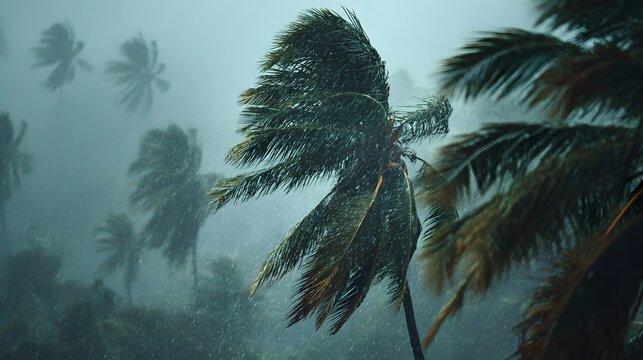 Hurricane weather in a tropical location shows multiple palm trees thrashing in the wind under a heavy downpour and dark cinematic clouds.
