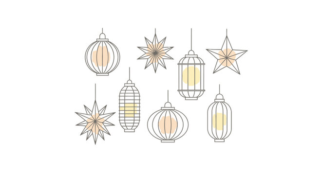 Set of Decorative Lanterns and Stars Line Art Icons on Isolated White Background