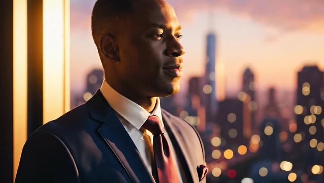 Ambitious African American businessman adjusting his tie in a modern high-rise office with a stunning, blurred city skyline at sunset, symbolizing success and preparation.