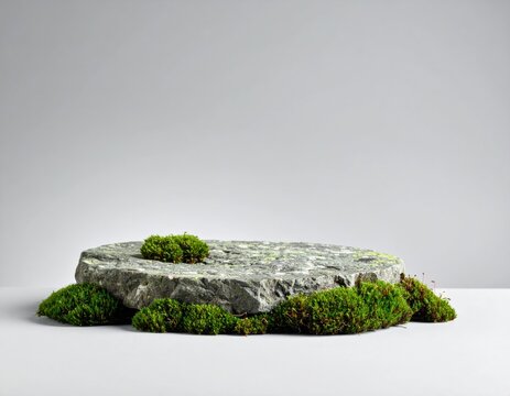 Gray Stone Platform with Moss on White Background in Studio Shot