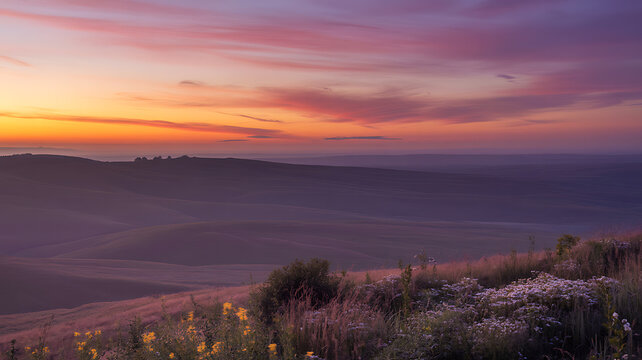 Sunset over rolling hills with wildflowers