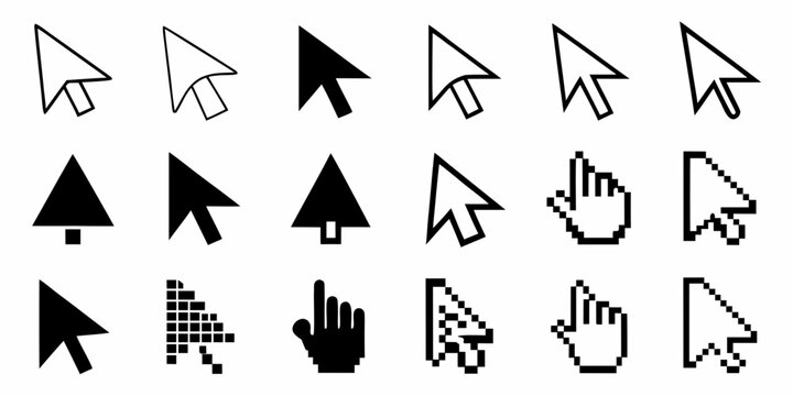 Collection of various black and white computer cursor icons displayed
