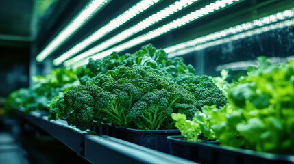 futuristic greenhouse featuring vibrant green broccolis growing in sleek