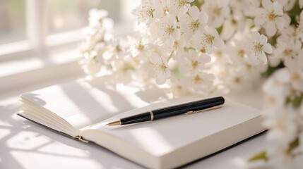 notebook and pecil and vase of old rose and silver on brown table