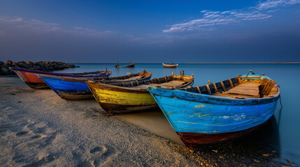 Fototapeta premium AI generator images of Traditional fishing boats moored along the coastline depict the traditional way of life of fishing communities in Asia, such as Thailand. 