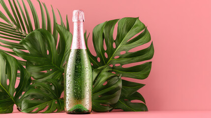 Champagne bottle with tropical green palm leaves on pastel pink background