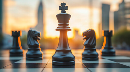 king in chess game surrond with the another silver team on black background