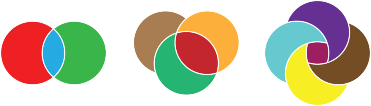 Venn Diagram and Overlapping Circle Infographic Set &ndash; Two, Three and Four Intersecting Color Circles Vector Illustration