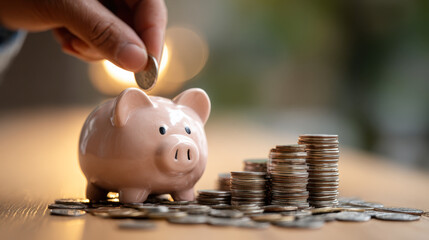 Close up hand put money coin into piggy for saving money wealth