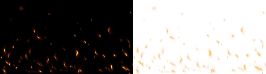 Realistic fire flames with flying sparks and embers isolated on transparent background. Warm burning light effect. © Pro_Light