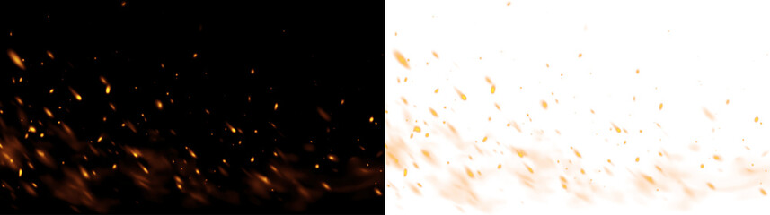 Realistic fire flames with glowing embers and sparks isolated on transparent background. Warm flowing fire effect for overlay design. © Pro_Light